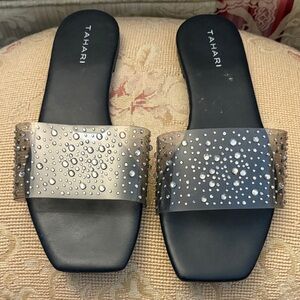 Tahari Black Slide Sandals with Clear Jeweled Strap